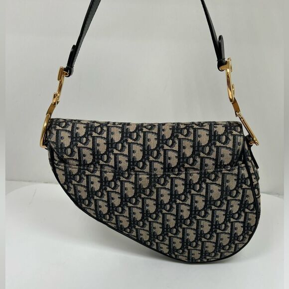 Auth DIOR/ChristianDior Saddlebags,Trotter - Navy Cream Jacquard Leather Handbag - Picture 7 of 11